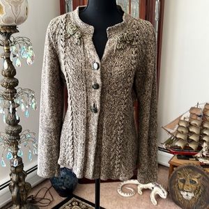 JM Collection Taupe Cardigan with Floral Accents